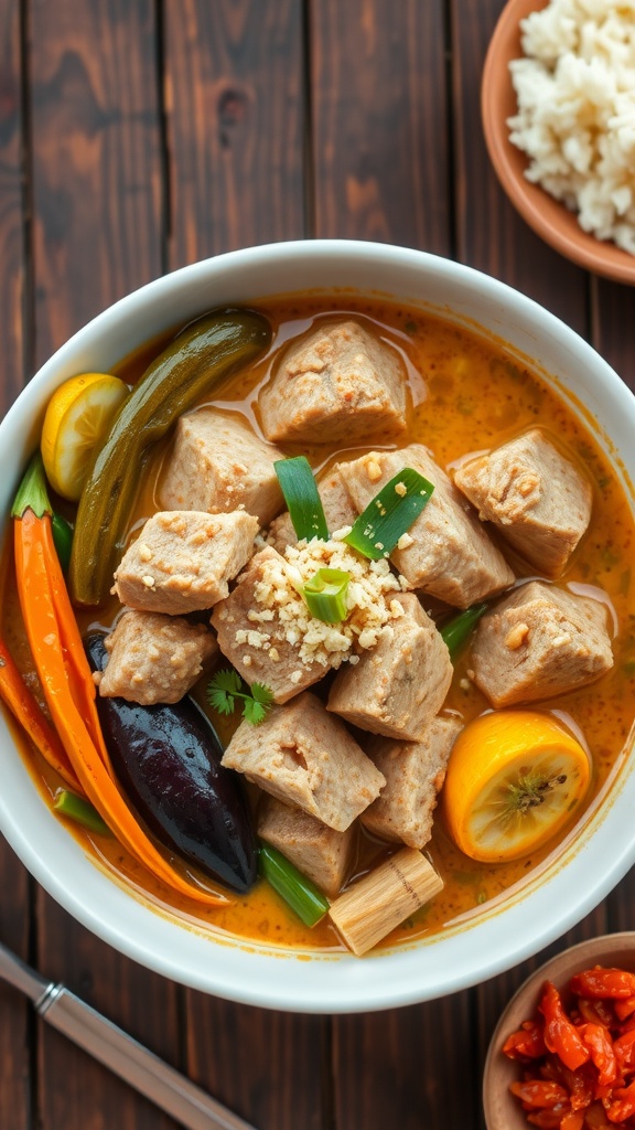 A rich bowl of pork kare-kare with tender pork in peanut sauce, colorful vegetables, and shrimp paste on a rustic table.